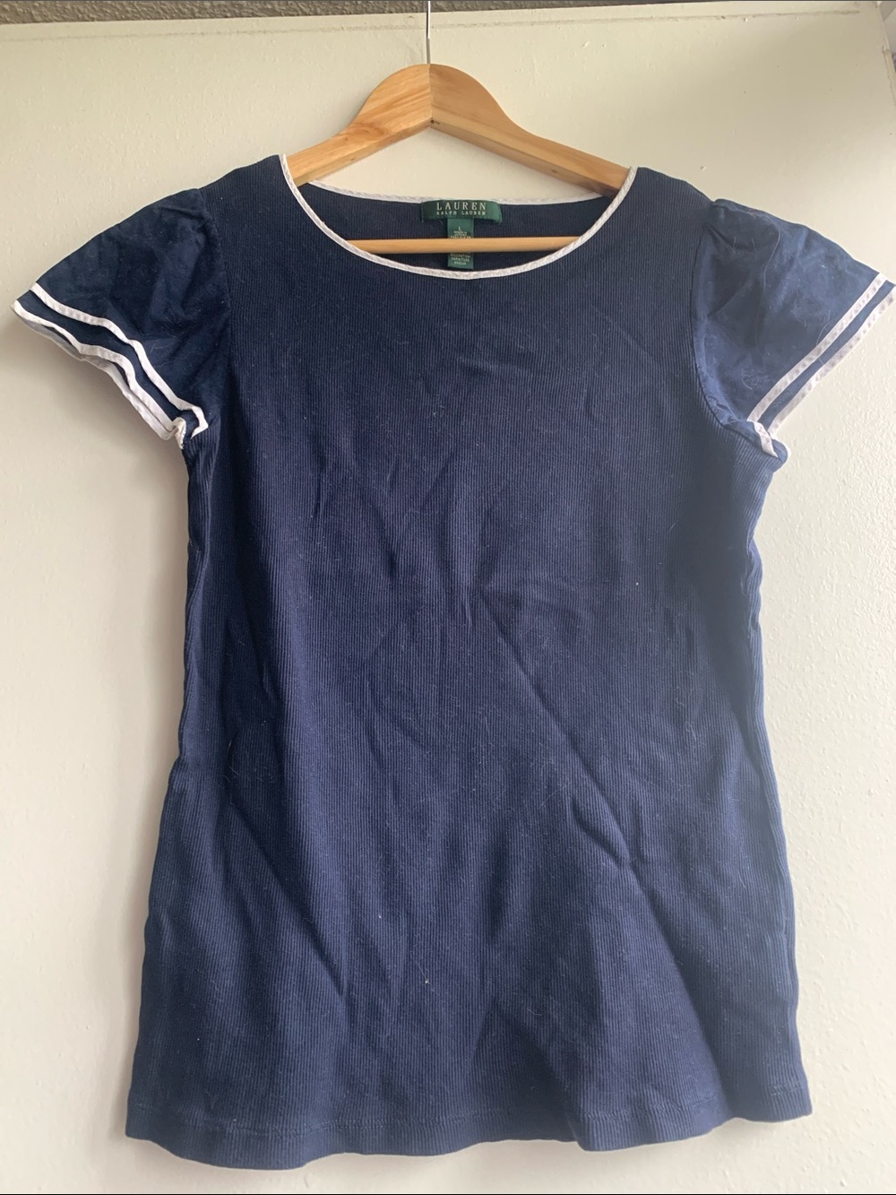 Ralph Lauren Ribbed Navy Tee with White Stripe Trim